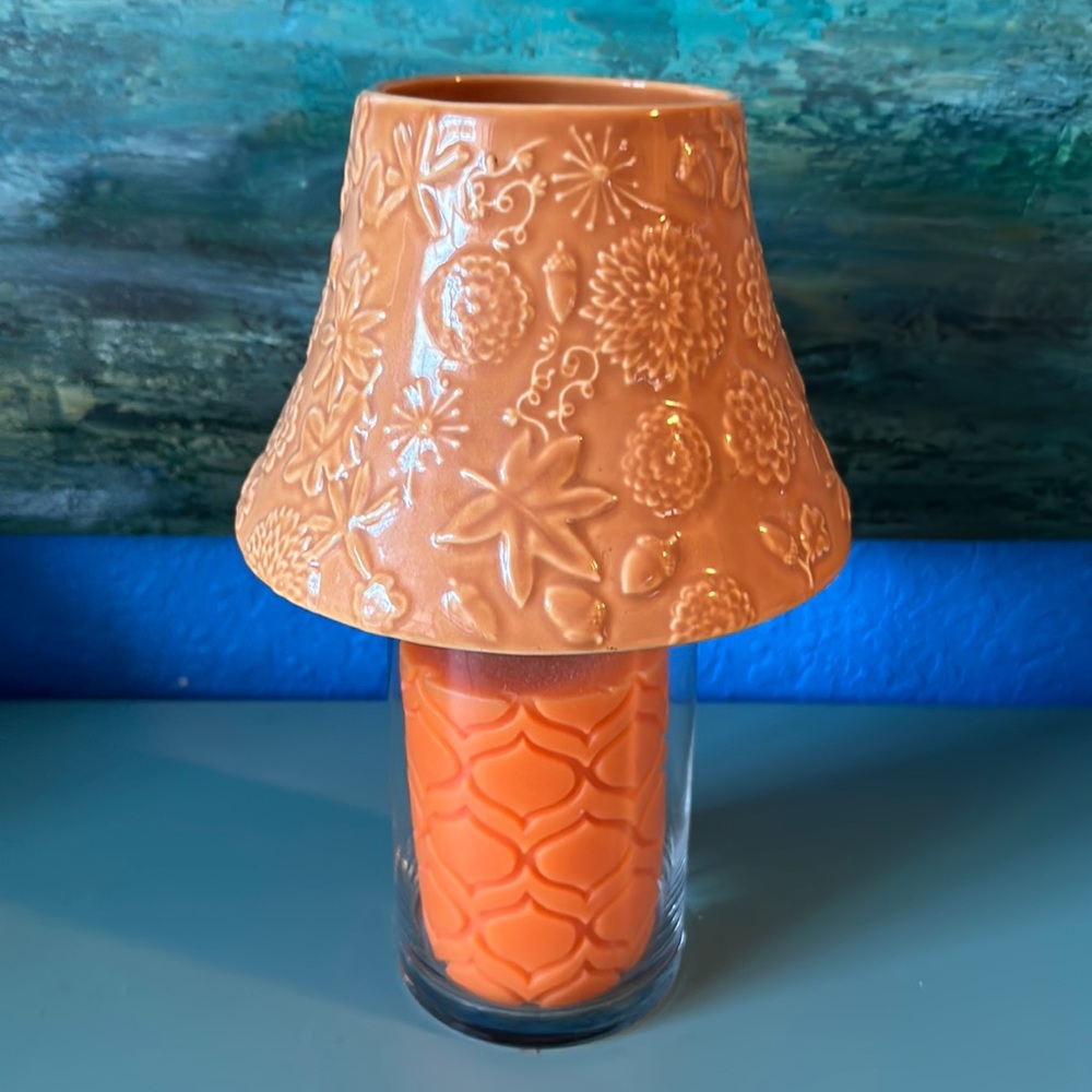 Hallmark Orange Leaf Print Ceramic Candle Shade Toper 4 1/2” Tall 6 1/2” Width